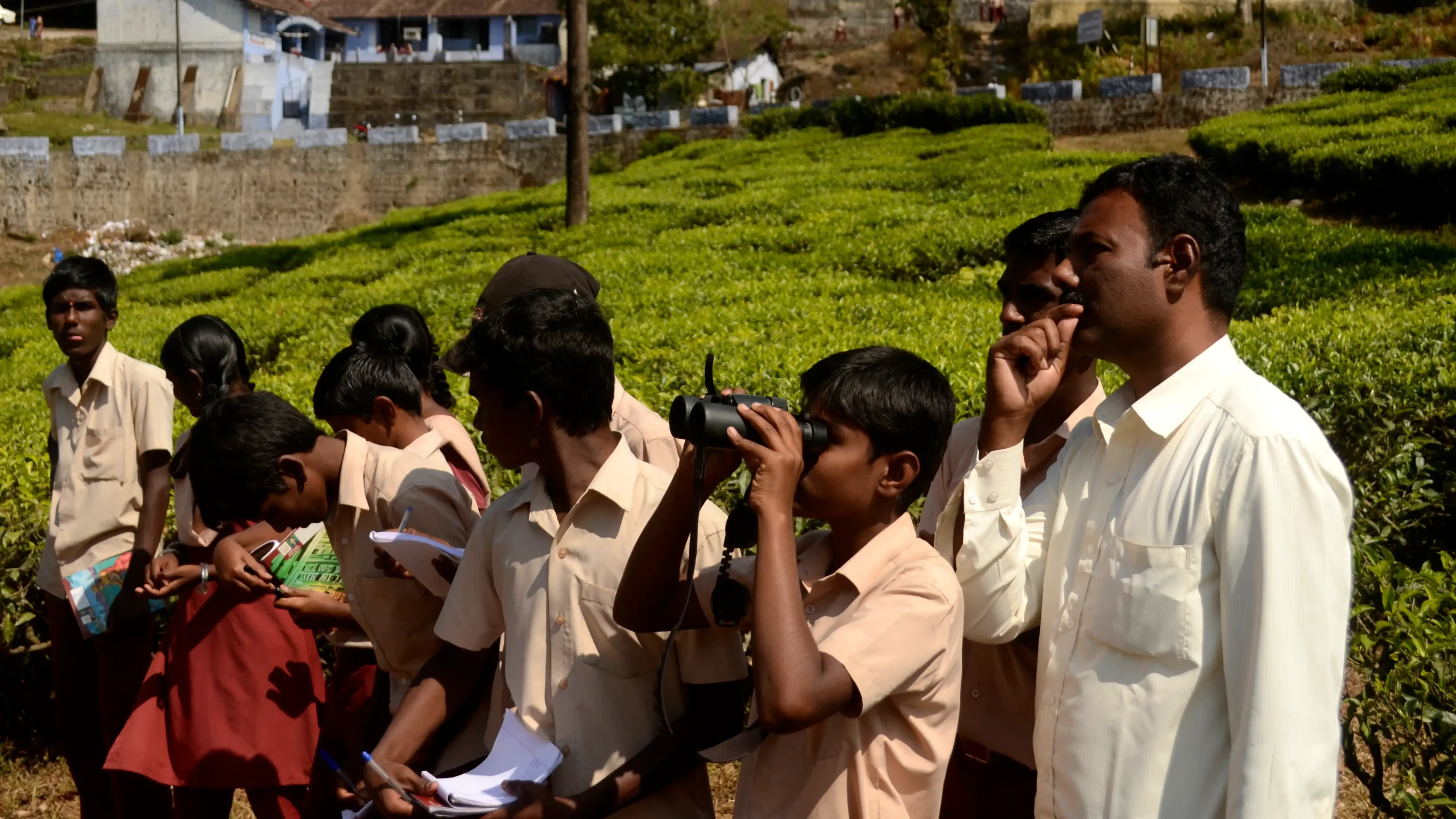 School children birdwatching in the Anaimalai Hills